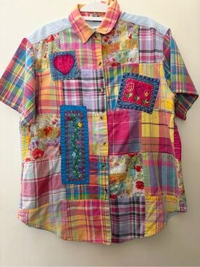 Casey & Max Patchwork Plaid Floral Embroidered Button-Up Shirt Size Large